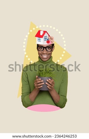 Vertical photo creative composite collage of toothy beaming positive woman in glasses hold plant buy new house isolated drawing background