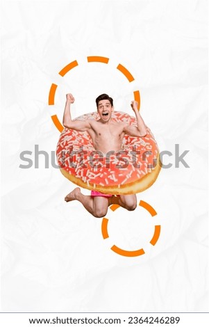 Vertical collage of overjoyed positive guy jumping raise fists wear huge glazed donut instead inflatable ring isolated on paper white background