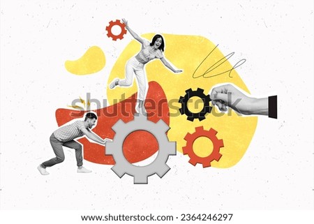 Creative collage banner of two colleagues young man with partner intern woman build mechanism gearwheels isolated on drawn background