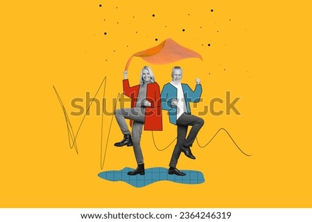Creative collage picture of two mini black white colors people raise fists hide under huge fallen leaf rain isolated on orange background
