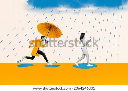 Creative composite photo collage of man hold umbrella running to careless woman looking at smartphone isolated on drawing background