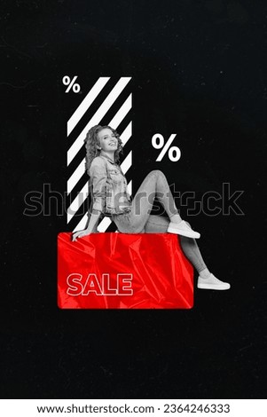 Vertical collage picture of cheerful black white colors girl presenting special sale proposition isolated on dark background