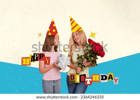 Happy birthday collage greetings family illustration cone hat mother receive gifts red roses and package isolated over beige background