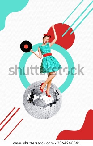Collage illustration of young lady dancer vinyl disc shining party vintage style wear dotted dress isolated on painting background
