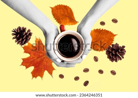 Magazine picture collage of two hands hold caffeine arabica drink hot coffee isolated on drawing beige color background