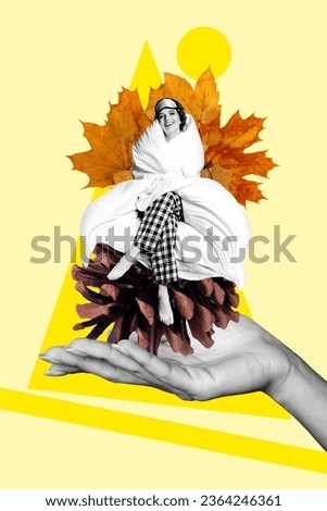 Picture brochure collage of cheerful girl sitting pine cone preparing sleep soft warm blanket isolated on drawing beige background