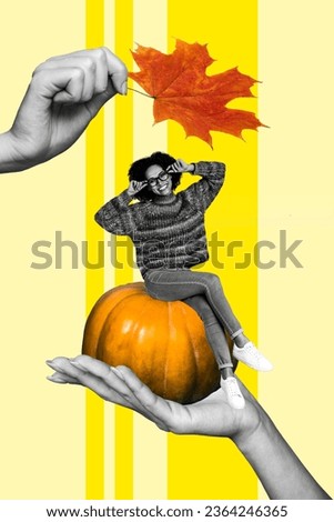 Picture brochure collage artwork of funky girl celebrate halloween sitting large pumpkin isolated on drawing beige color background