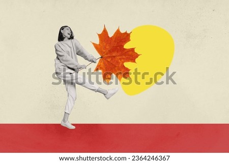 Creative collage image of funky carefree girl dancing holding maple leaf isolated beige color background