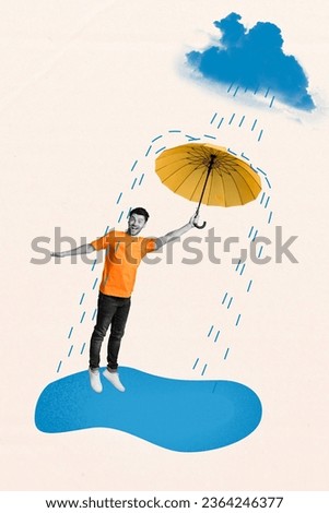 Vertical creative abstract composite photo collage of good mood man jumping on puddles with umbrella isolated on white color background