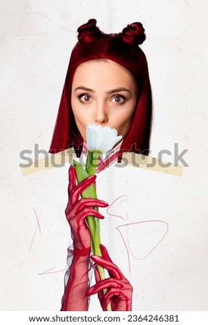 Photo picture collage of adorable charming lady receive gift enjoy smell aroma fresh flowers isolated on drawing creative background