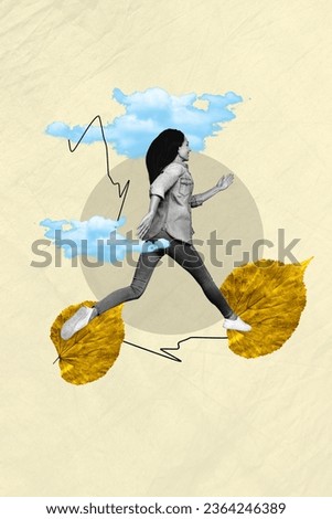 Vertical composite collage fall picture image of running funky woman golden dry leaves hurry outdoors stroll isolated on beige background