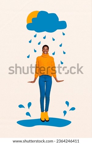 Vertical creative illustration composite photo collage of ecstatic woman jumping on puddle outdoors isolated on white color background