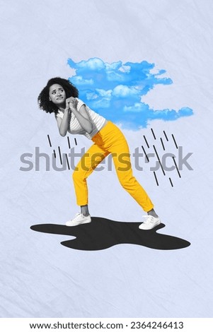 Vertical photo collage of young woman dissatisfied hate bad weather moody rainy forecast carry clouds puddle isolated on grey background
