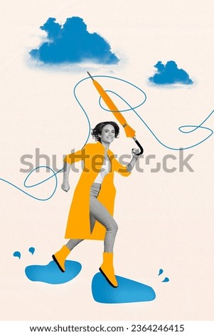 Vertical creative composite artwork 3d photo collage of beautiful happy girl running hold umbrella isolated on white color background