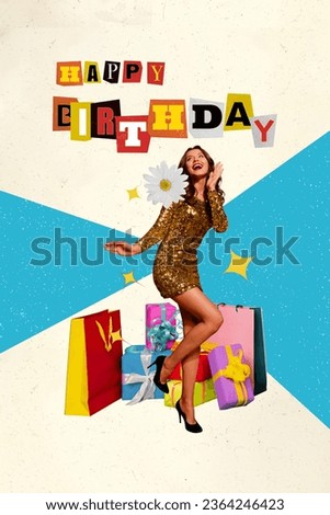 Vertical postcard happy birthday image collage artwork of funky woman shining dress style dancing gifts isolated on drawing background
