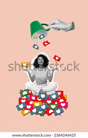 Vertical collage picture of black white colors excited mini girl catch big arm hold cup pour like notification isolated on beige background
