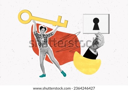Collage picture of excited mini black white colors girl hold big key arm keyhole isolated on painted creative background