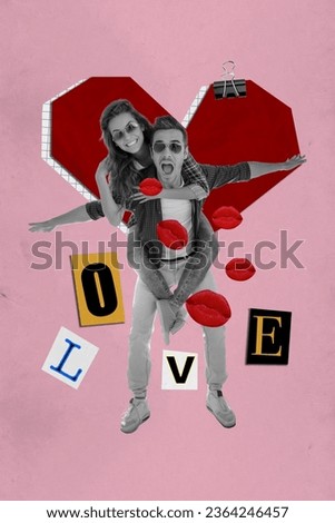 Image postcard collage of cheerful active people have fun celebrate anniversary romantic weekend isolated on drawing pink color background
