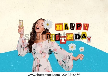 Creative trend collage of happy birthday happy attractive lovely female dress drinking alcohol bloom flowers have fun enjoy party