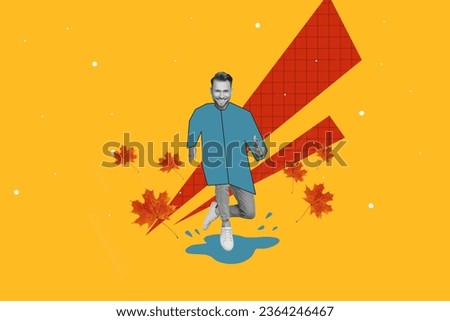 Composite collage picture of positive black white colors guy running water puddle falling maple leaves isolated on orange background