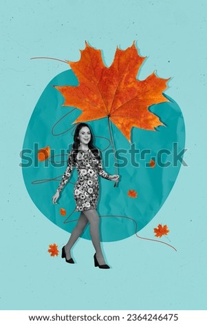 Vertical collage of cheerful elegant black white effect girl arm hold big fallen maple leaf walking isolated on blue background