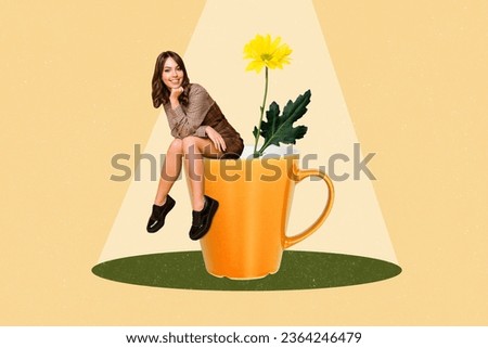 Composite collage artwork of funny dreaming woman sitting huge orange cup fresh coffee morning autumn isolated on beige color background