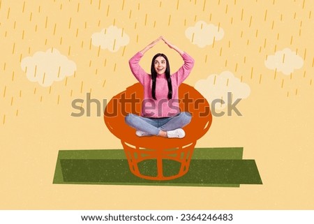 Creative photo banner collage of young woman sitting armchair comfortable protect hands rainy weather autumn isolated on beige background