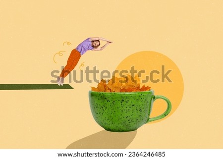 Collage picture of excited mini guy jumping diving huge cup fallen maple leaves inside isolated on beige background