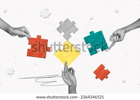 Composite collage picture of black white colors arms fingers hold connect puzzle pieces isolated on painted background