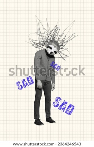 Vertical creative collage image of sad man sloth animal mask disguise tired exhausted unhappy depressed nature stressed