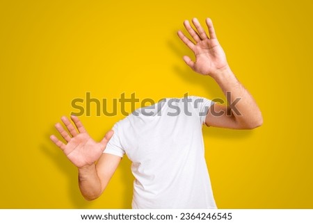 Creative poster collage of palms hands yellow background white t-shirt headless faceless invisible incognito personality