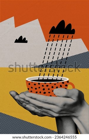 Photo collage artwork minimal picture of arms holding cup rain water inside isolated graphical background