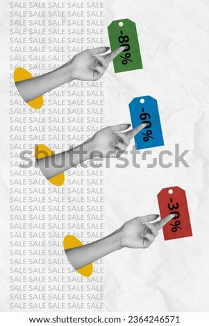 Banner sketch collage of people paying with discount coupon autumn black friday special sale isolated on white color background