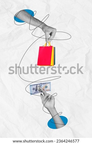 Artwork poster collage banner of two human arm receive package pay by cash interned online order isolated on white color background