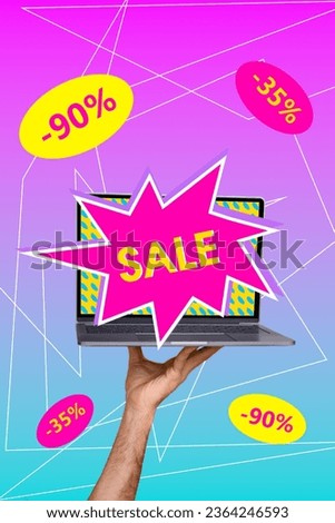 Creative poster collage of hand hold computer netbook display online internet order sales discount promotion shopping percentage