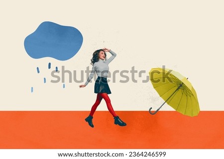 Composite creative 3d photo collage of adorable woman walking outdoors in rain look for lost umbrella isolated on painted background