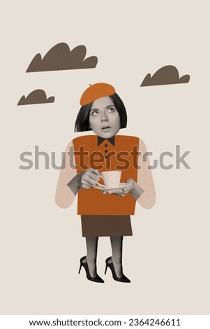 Exclusive magazine picture sketch collage image of dreamy thoughtful lady looking rainy clouds isolated beige color background
