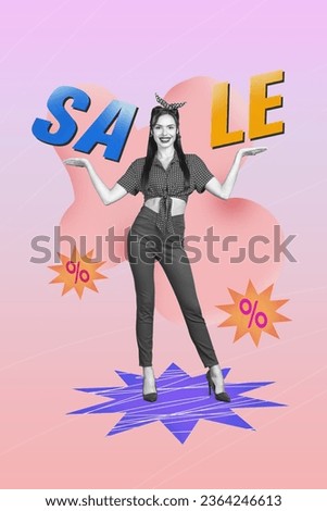 Vertical composite illustration photo collage of positive gorgeous girl palms demonstrate sale title isolated creative drawing background