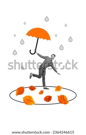 Vertical illustration collage of young man waterproof umbrella raindrops strong wind bad weather walk leaves isolated on white background
