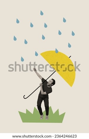 Vertical composite creative template photo collage of good mood hold yellow umbrella dancing in rain isolated on white color background