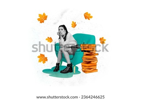 Composite creative photo collage of ponder pensive girl sit in armchair near book prepare for exam isolated on white color background