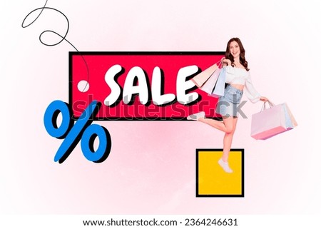 Creative abstract composite photo collage of adorable positive woman buy new outfit hold shopping bags isolated painted background