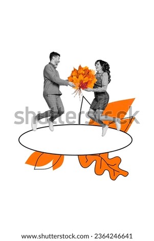 Vertical composite creative photo collage of positive cheerful couple hold maple bouquet jumping isolated on white color background