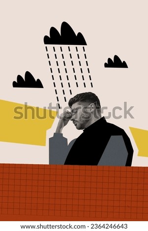 Creative abstract template graphics collage image of tired guy dislike rainy weather isolated beige color background
