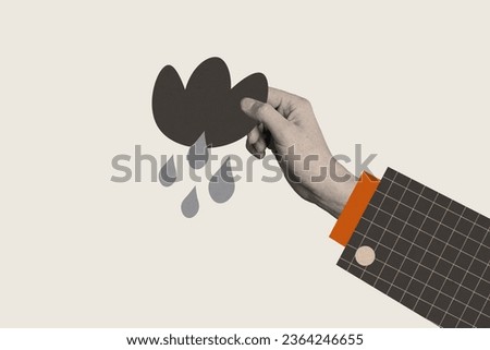 Composite creative illustration abstract photo collage of arm holding paper cloud falling water drops isolated on white color background