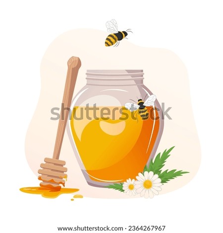 honey in glass jar, bee, wooden honey dipper,  and flowers isolated on white background. Vector illustration of organic natural sweets in cartoon flat style