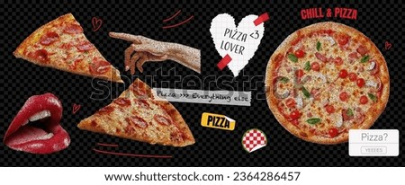 A set of stickers on the theme of loving pizza. Trendy collage elements with torn paper and scotch tape and hand and mouth. On transparent background. Modern illustration  