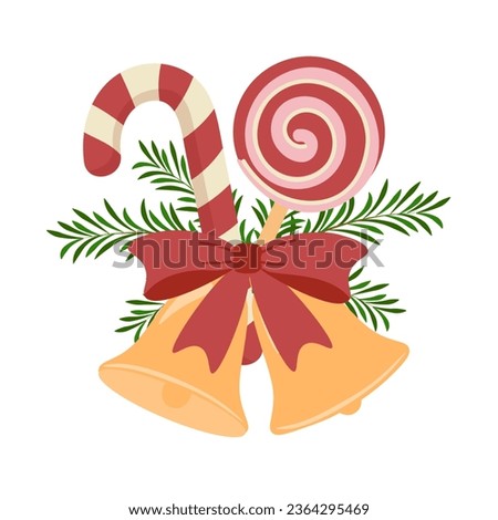 Cute christmas decoration with bells, candy cane, lollipop and red bow. Flat vector illustration on white background.