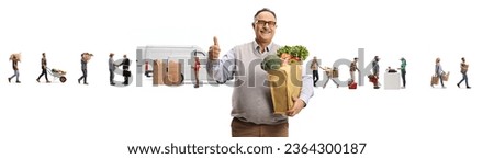 Man with a grocery bag gesturing thumbs up and food supply chain from farm to the market isolated on white background