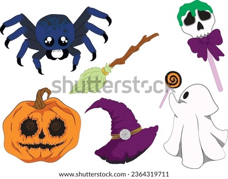 Set of halloween images witch hat, broomstick, spider, ghost, jack-o-lantern, lollipop skull
